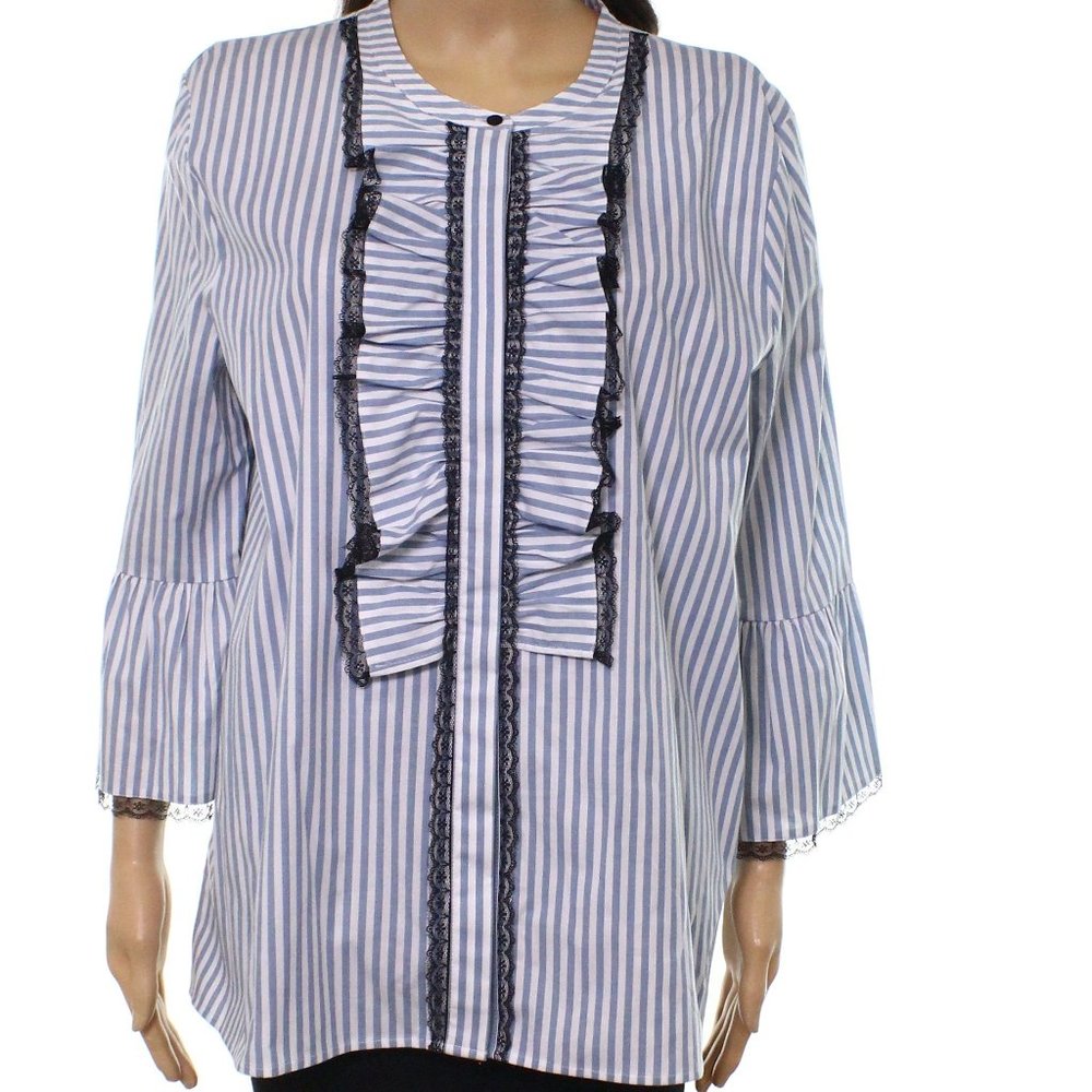Karl Lagerfeld women's S small striped ruffle trim long 3/4 bell sleeve blouse